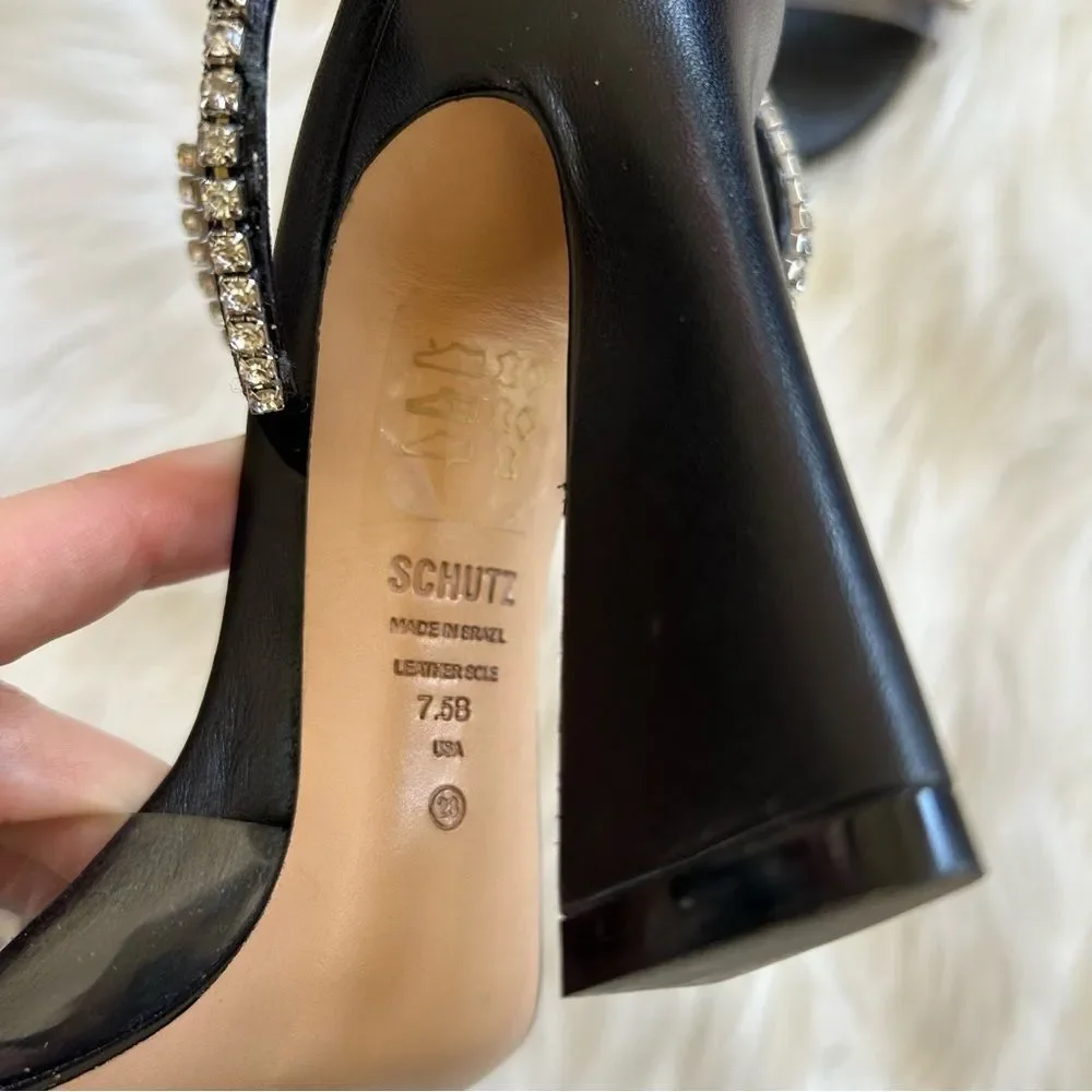 Schutz Sandal Heels Rowenah Black Crystal Embellishment Size 7.5 Rhinestone